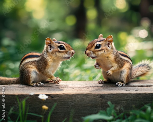 Chipmunks on Wooden Board. Selective Focus Shot of Adorable Animals in Forest Setting