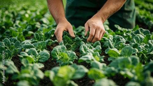 A Farmer's Hand Inspecting Growing Spinach Plants