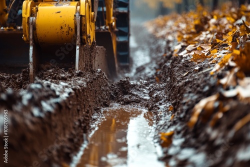 Trencher Digging Drainage Channel Close-up