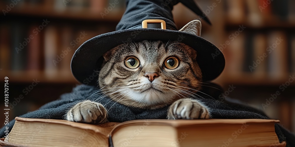 A cute cat in a Halloween costume in the studio on a bright orange background. The cat depicts a witch with pumpkins on Halloween A cute cat in a Halloween costume in the studio on a bright orange background. The cat depicts a witch with pumpkins on Halloween