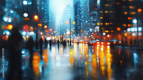 Wallpaper Mural bustling city street at night, illuminated by vibrant neon lights and reflections on wet pavement, creates lively and dynamic atmosphere Torontodigital.ca