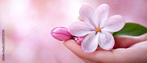  A tight shot of an individual cradling a flower in their hand The bloom exhibits pink and white petals at its peak