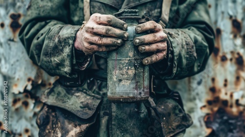 Vintage Military Gear with Dirty Hands Holding Bottle