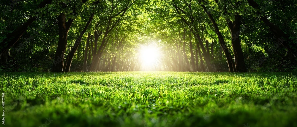 Fototapeta premium The sun illuminates the green field with grass in the foreground and trees in the background, as sunlight filters through the trees