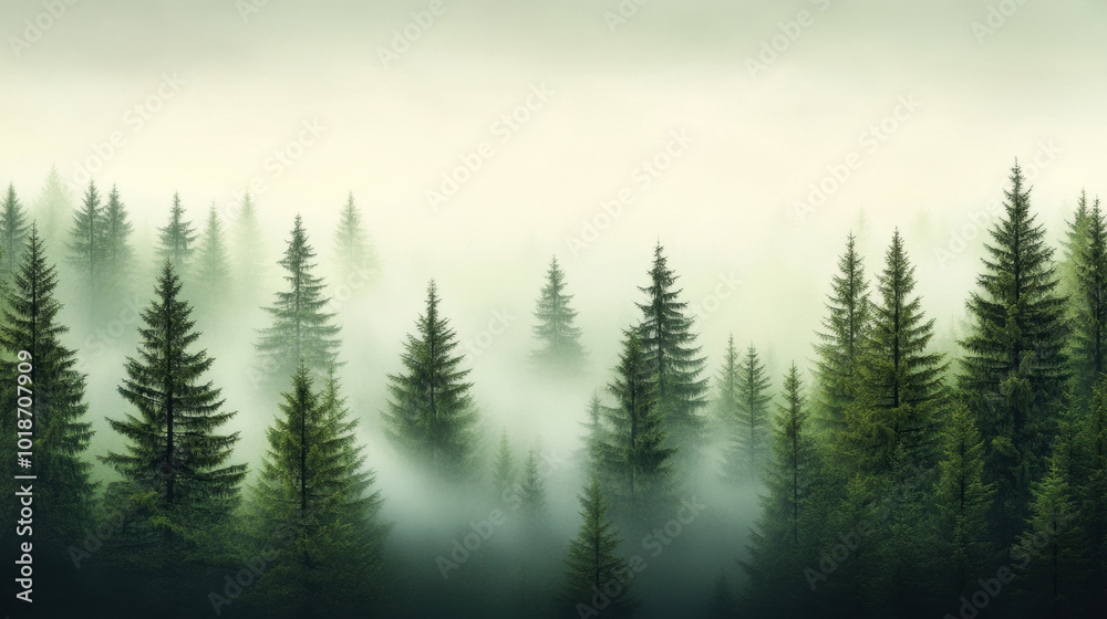 Fototapeta premium foggy forest scene with tall pine trees creates serene and mystical atmosphere. layers of mist add depth and intrigue to landscape, inviting exploration and reflection