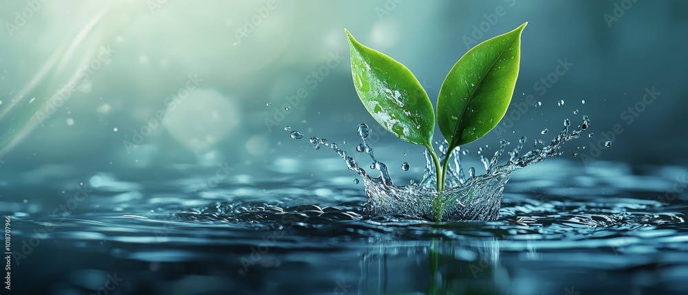 A tight shot of a water droplet with a submerged green shoot emerging from its core A tight shot of a water droplet with a submerged green shoot emerging from its core