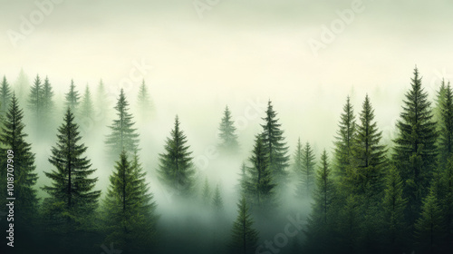 foggy forest scene with tall pine trees creates serene and mystical atmosphere. layers of mist add depth and intrigue to landscape, inviting exploration and reflection