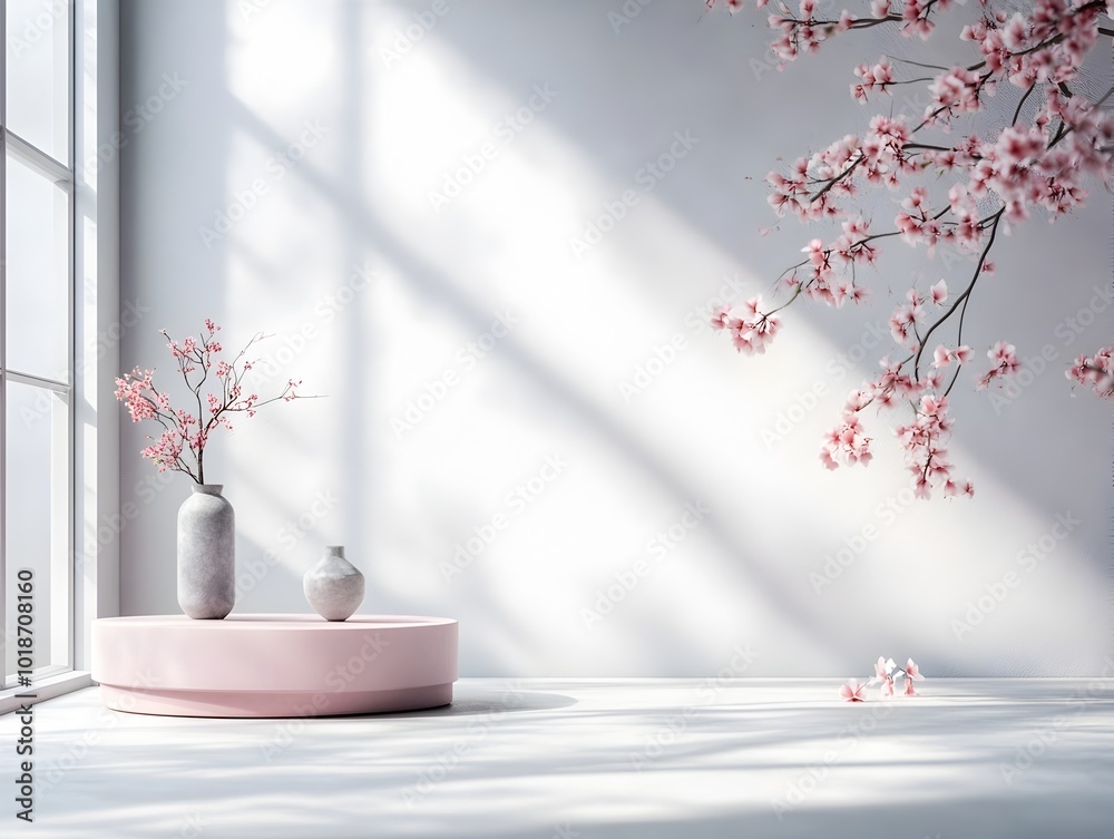 A tranquil 3D studio space with a subtle lilac backdrop an uncluttered floor and a centered product podium Delicate shadows from an adjacent window create depth A tranquil 3D studio space with a subtle lilac backdrop an uncluttered floor and a centered product podium Delicate shadows from an adjacent window create depth