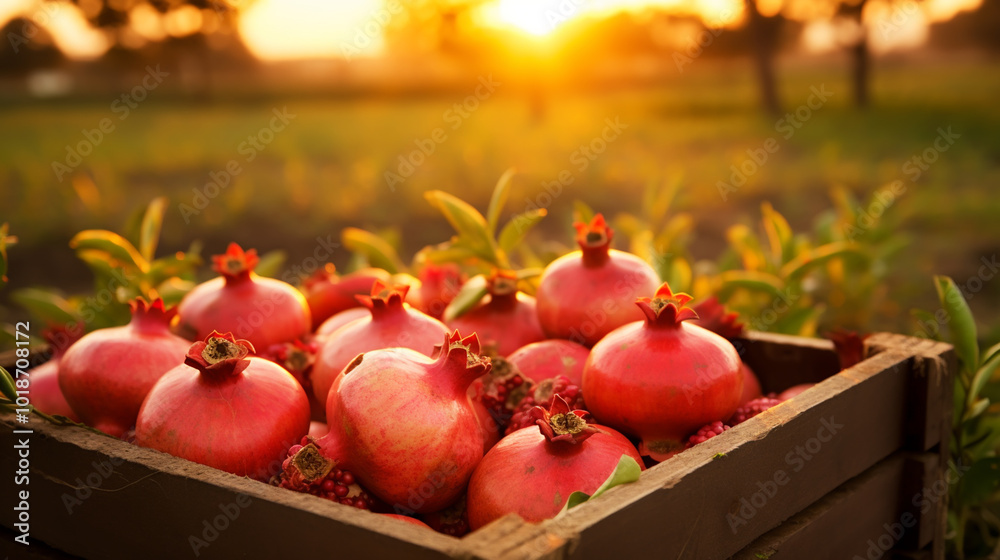 Pomegranate farm, wooden boxes full of pomegranate Pomegranate farm, wooden boxes full of pomegranate