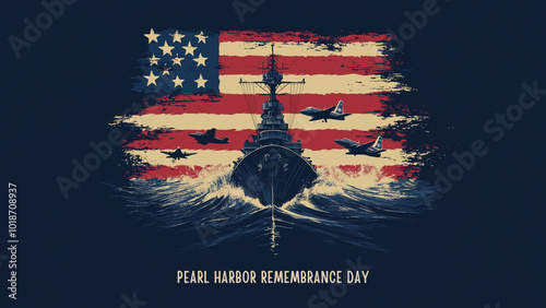 Pearl Harbor Remembrance Day background. with a military ship and jets on an American flag background
