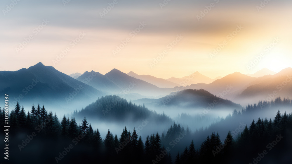 Obraz premium misty mountain range at twilight, showcasing deep purple hues and soft fog enveloping peaks, creates serene and tranquil atmosphere