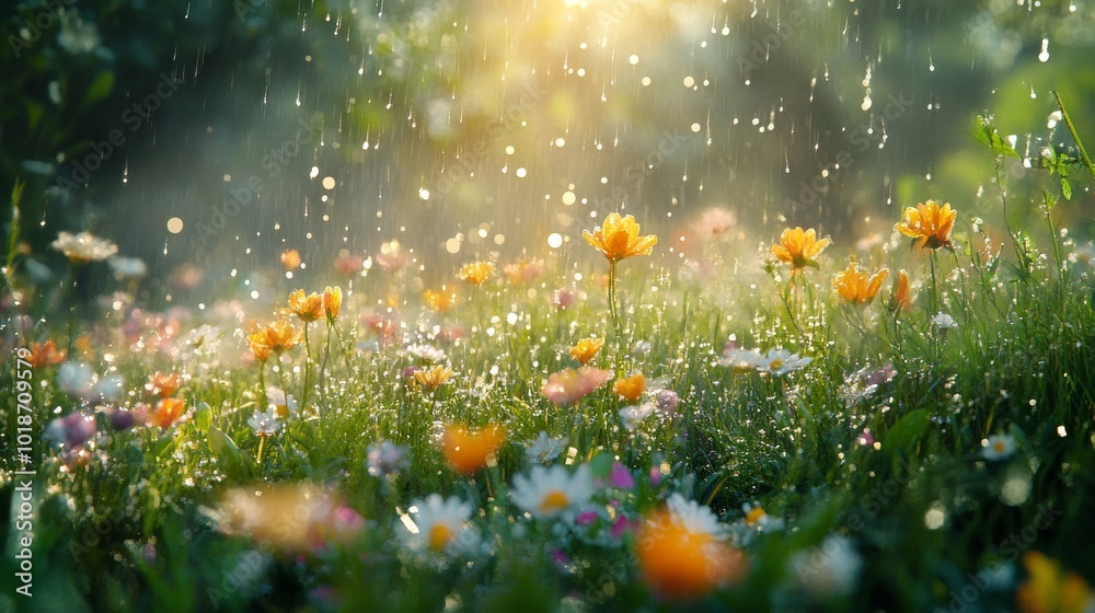 A Field of Yellow Flowers in the Rain