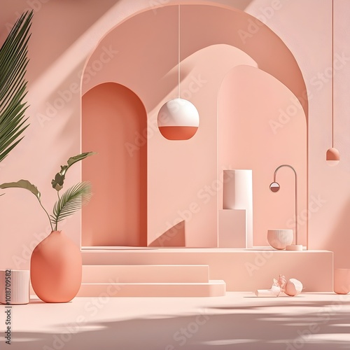 Serene and unencumbered 3D studio environment featuring a soft pink backdrop clean lines and an elegantly positioned product pedestal casting a complementary shadow across the countertop photo