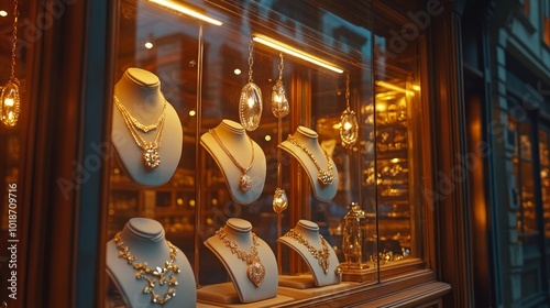 A storefront window display showcasing a variety of gold necklaces on mannequins.