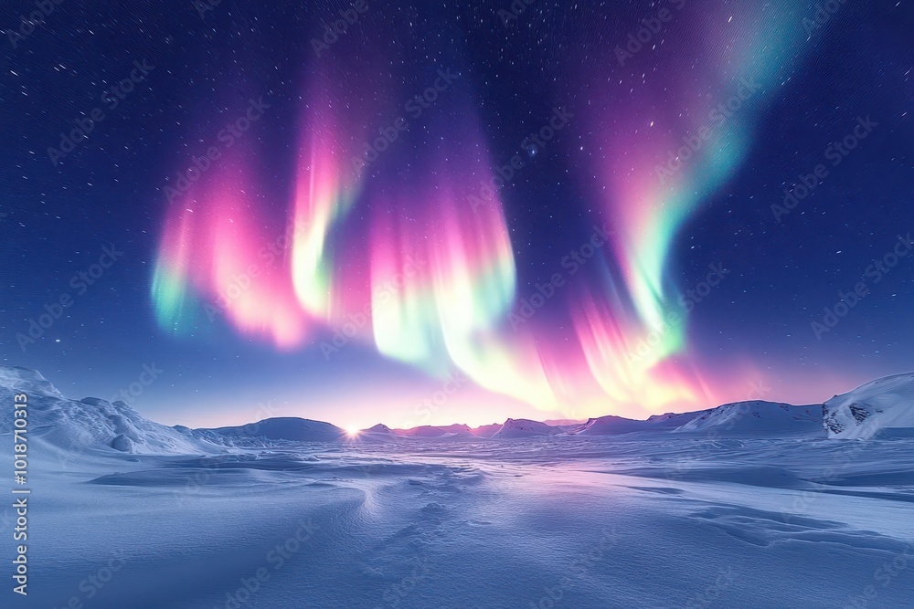 majestic aurora borealis lighting up a starry night sky vibrant colors dancing across the horizon casting a magical glow over a tranquil snowy landscape
