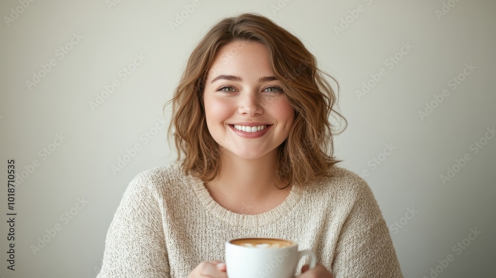 Empowering Plus-Size Woman Enjoying Coffee in a Modern Cafe under Soft Sunlight Photography