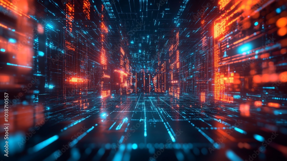 A Digital Corridor of Binary Code in Orange and Blue Lights A Digital Corridor of Binary Code in Orange and Blue Lights
