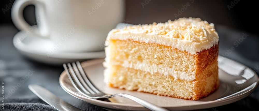 A tight shot of a cake slice on a plate, accompanied by a fork and a steaming cup of coffee in the distance