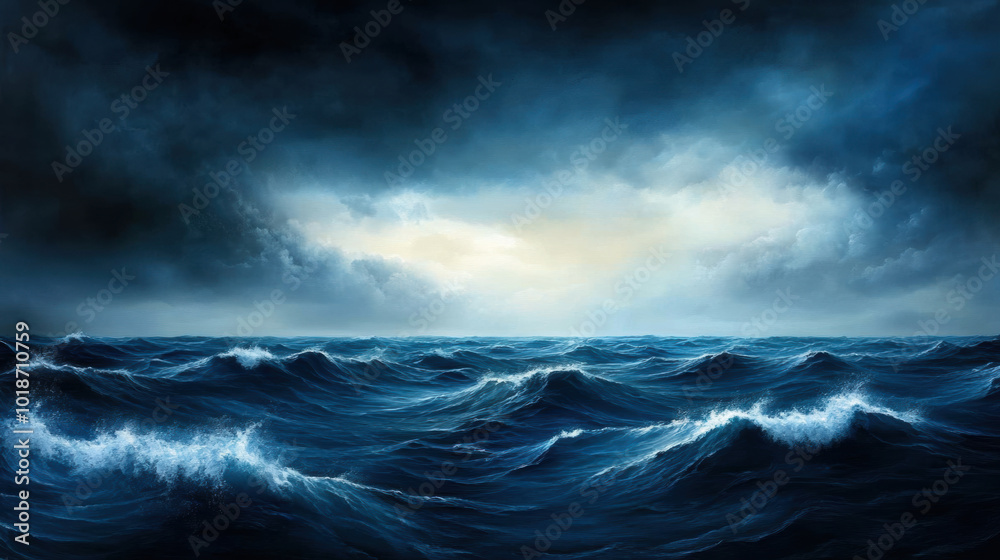 stormy ocean scene with dark churning waves and dramatic clouds creates sense of power and intensity. turbulent waters reflect mood of sky, evoking feelings of awe and respect for natures forces stormy ocean scene with dark churning waves and dramatic clouds creates sense of power and intensity. turbulent waters reflect mood of sky, evoking feelings of awe and respect for natures forces