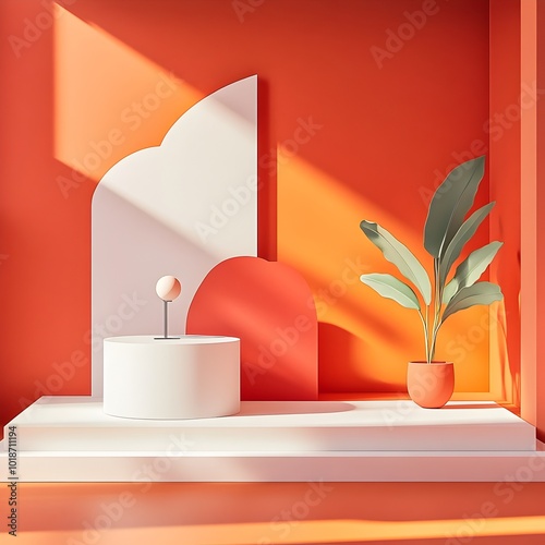 Immersive 3D studio environment featuring a vibrant paprika background clean minimalist aesthetic and an uncluttered floor with a central product podium  Sunlight filters in photo