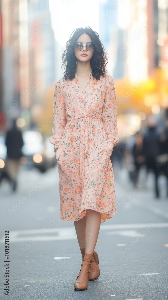 Fashionable Model Strutting in Flowy Dress and Boots on City Sidewalk Fashionable Model Strutting in Flowy Dress and Boots on City Sidewalk