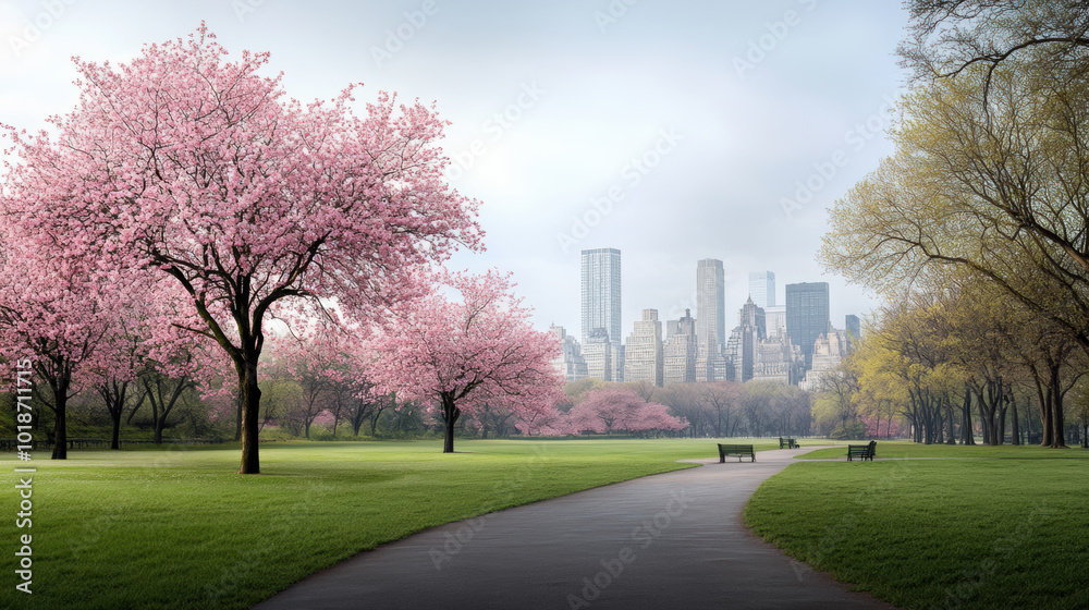 vibrant city park in spring features blooming cherry trees, lush green grass, and scenic view of skyline. atmosphere is serene and inviting, perfect for leisurely stroll vibrant city park in spring features blooming cherry trees, lush green grass, and scenic view of skyline. atmosphere is serene and inviting, perfect for leisurely stroll