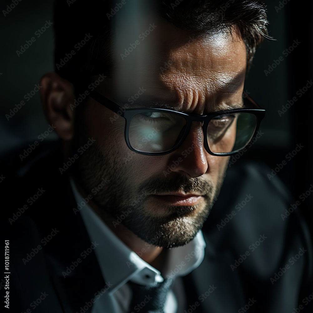 A serious man in glasses, dressed in a suit, looks intently with a focused expression in a dimly lit setting. A serious man in glasses, dressed in a suit, looks intently with a focused expression in a dimly lit setting.