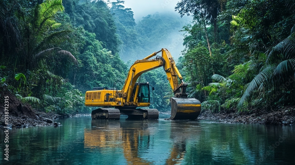 A yellow excavator stands in a tropical river, surrounded by lush green vegetation, with a misty backdrop. A yellow excavator stands in a tropical river, surrounded by lush green vegetation, with a misty backdrop.