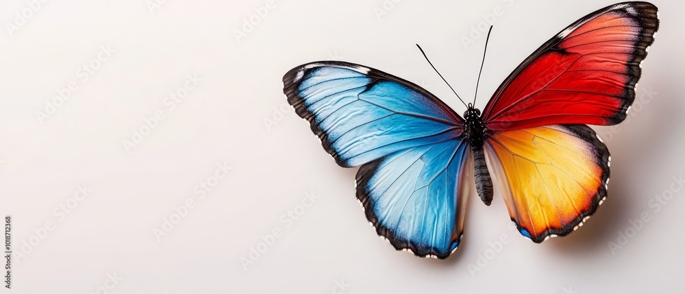 Obraz premium A red, blue, and yellow butterfly rests atop a pristine white surface, displaying its expansive wings