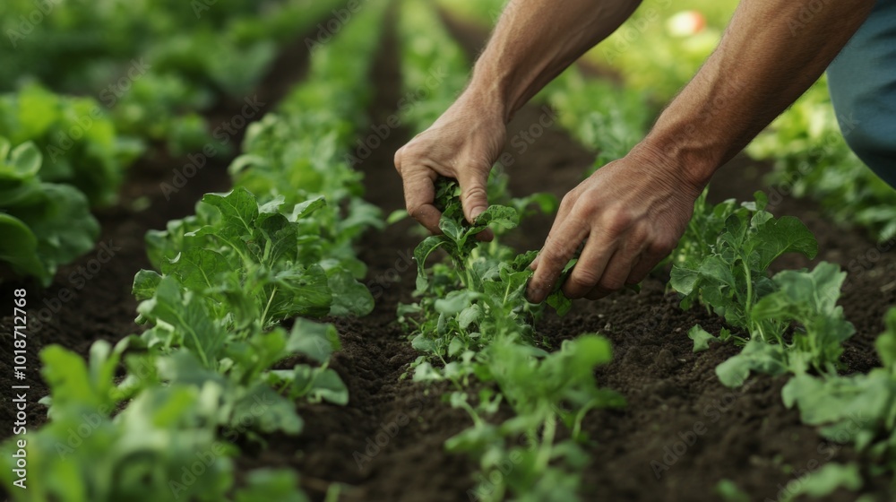 Hands tending to a row of green leafy plants in a garden Hands tending to a row of green leafy plants in a garden