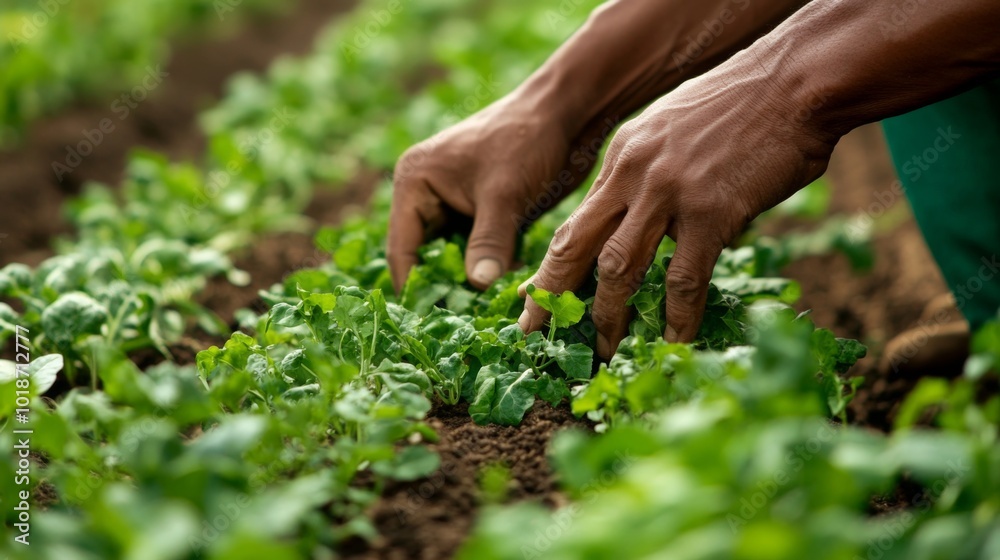 Close-up of Hands Tending to Lush Green Crops in a Field Close-up of Hands Tending to Lush Green Crops in a Field