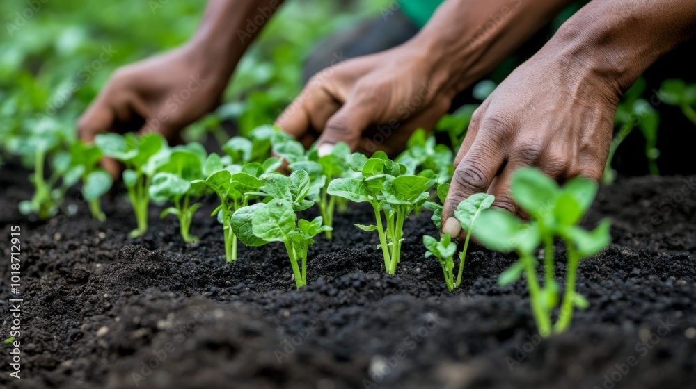 Close-up of Hands Tending to Rows of Green Seedlings in Rich Soil Close-up of Hands Tending to Rows of Green Seedlings in Rich Soil