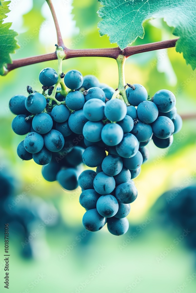 Cluster of ripe grapes hanging on a vine with green leaves in sunlight. Cluster of ripe grapes hanging on a vine with green leaves in sunlight.