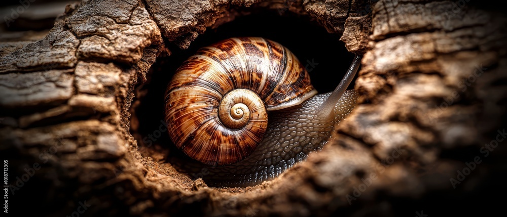 A tight shot of a snail's shell embedded in a tree bark hollow A tight shot of a snail's shell embedded in a tree bark hollow