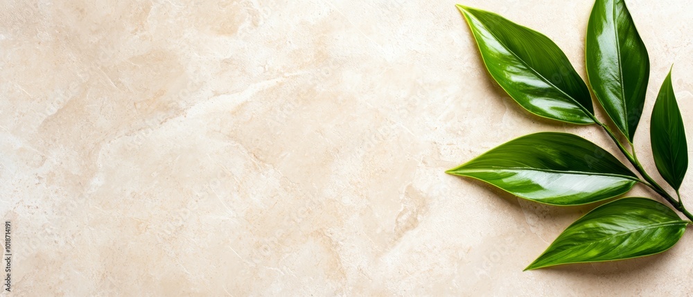 A tight shot of a leafy plant against a marble background, ideal for inserting text or an image A tight shot of a leafy plant against a marble background, ideal for inserting text or an image