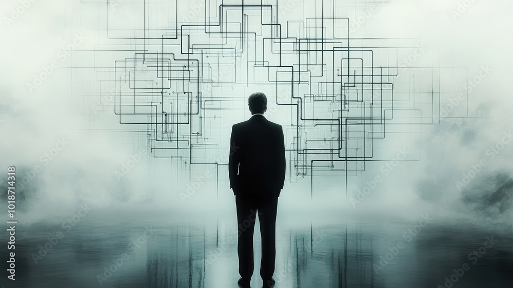 Silhouette of a man standing in front of abstract digital patterns, foggy environment. Silhouette of a man standing in front of abstract digital patterns, foggy environment.