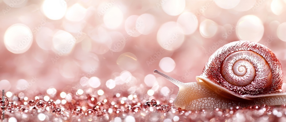  A tight shot of a snail on a pink, glittery background with a blurred background of soft light