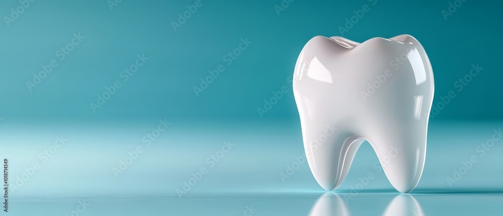  A tooth against a blue-and-white background, midway with a mirror reflection below