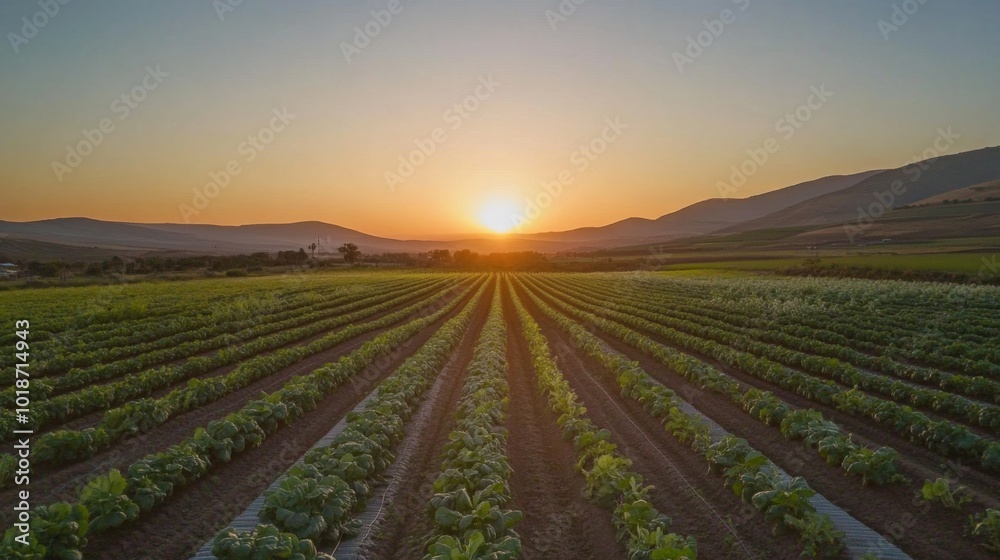 Sunset over rows of green crops in a valley Sunset over rows of green crops in a valley