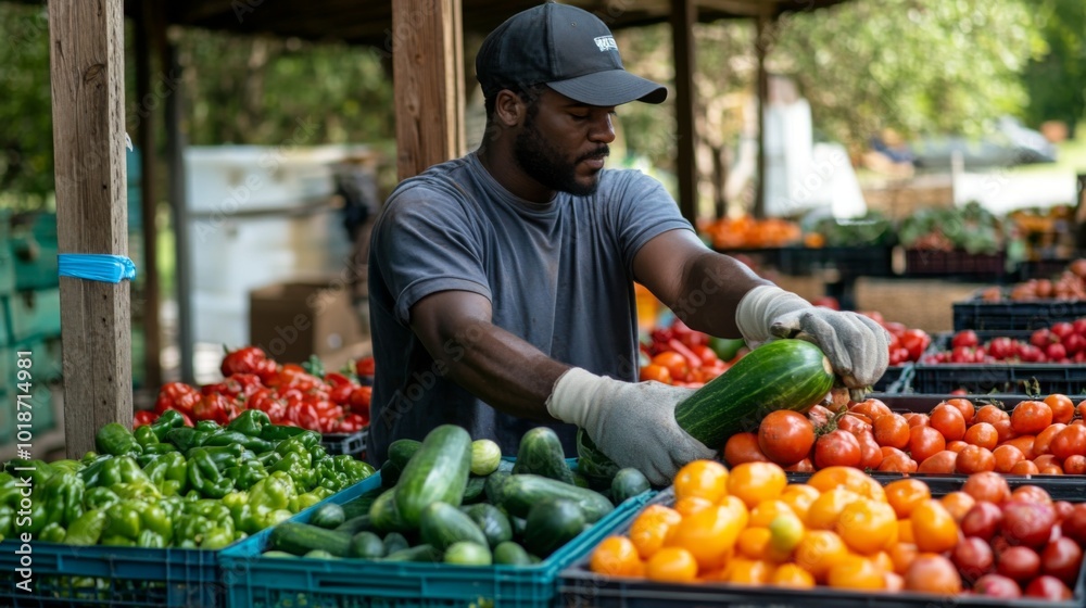 A Man in a Market Sorting Zucchini and Other Produce A Man in a Market Sorting Zucchini and Other Produce