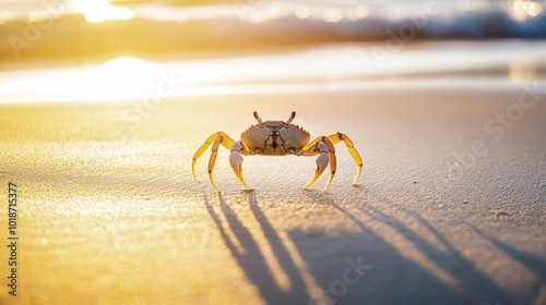 Small crab on sandy beach at sunset, illuminated by evening sun, a cute marine crustacean by the ocean. photo