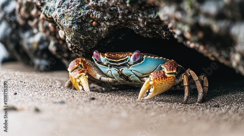 A small crab with striking blue eyes and a brown and yellow body resting on the sand with a blurred rock in the background