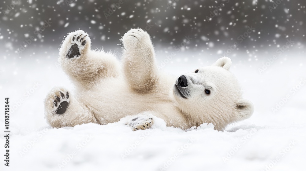 Adorable polar bear cub joyfully rolling in soft, fluffy snow, showcasing its playful nature in a winter wonderland setting. Adorable polar bear cub joyfully rolling in soft, fluffy snow, showcasing its playful nature in a winter wonderland setting.