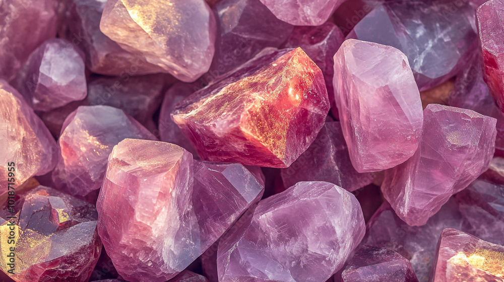 Fototapeta premium Natural pink quartz crystals scattered on a textured surface, beautifully lit by daylight