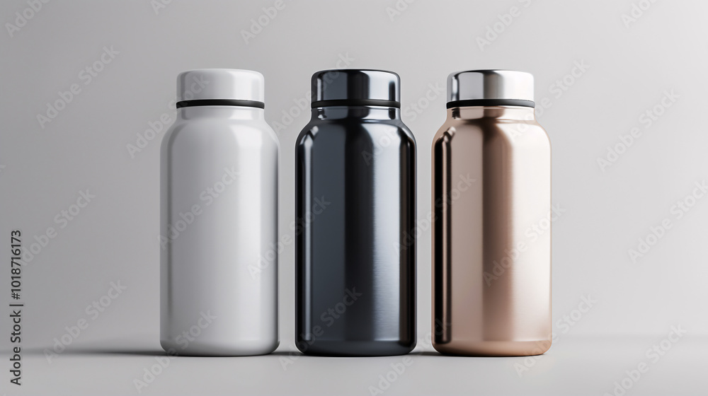 A set of three minimalist, sleek insulated bottles in white, black, and rose gold, displayed on a neutral background. A set of three minimalist, sleek insulated bottles in white, black, and rose gold, displayed on a neutral background.