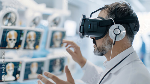 A doctor in a modern medical setting using virtual reality (VR) technology to study and interact with medical data, enhancing training and diagnostic skills.