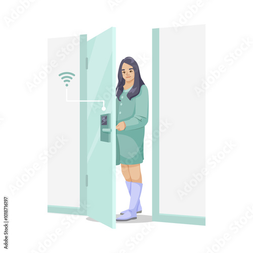 A woman standing at a smart home door with a digital lock interface. Vector illustration