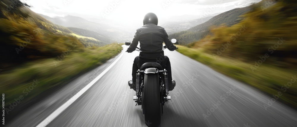  A man rides a motorcycle along a winding mountain road, flanked by trees on either side