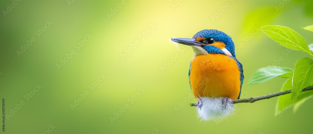 Fototapeta premium A vibrant bird perches on a tree branch, adjacent to a lush, green branch adorned with foliage