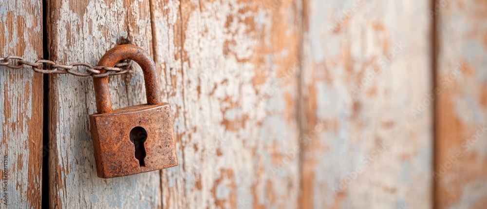A rusted padlock secures a wooden door, its lengthy chain dangling from the lock An identical padlock is affixed to the side of the door A rusted padlock secures a wooden door, its lengthy chain dangling from the lock An identical padlock is affixed to the side of the door